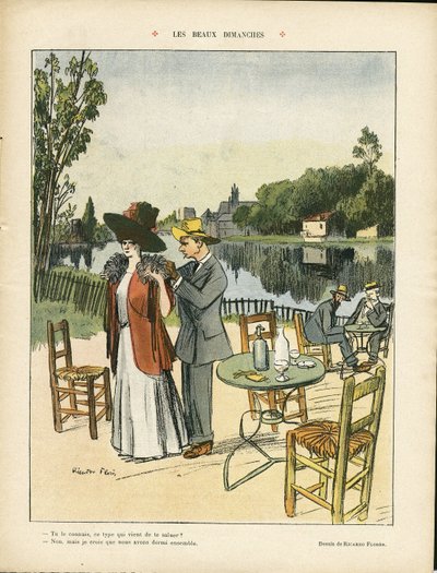 Illustration af Ricardo Flores (1878-1918) i Le Rire, 04/07/08 - Smukke søndage - Fritid, Naturvegetation, Arkitektur Urbanisme, Restaurantcaféer, Maritime Marine Seaside af Ricardo Flores