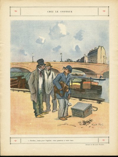 Illustration af Ricardo Flores (1878-1918) i Le Rire, 05/10/12 - Hos frisøren - Paris, Professioner, Arkitektur Byplanlægning, Bro, River River - Hund, Frisør af Ricardo Flores