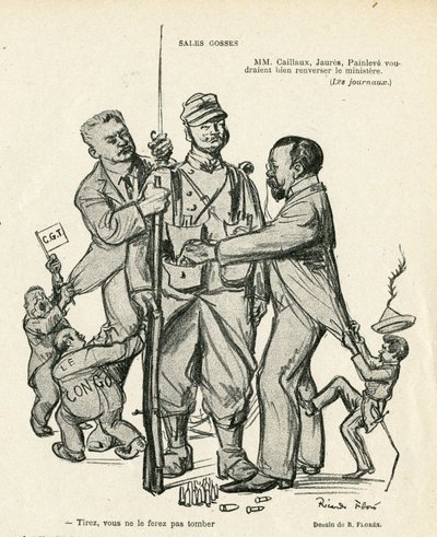 Illustration af Ricardo Flores (1878-1918) i Le Rire, 21/06/13 - Sales kidses - Armee, Militærtjeneste, Socialisme - Jaures Jean, Caillaux Joseph (1863-1944), Painleve Paul (1863-1933) af Ricardo Flores