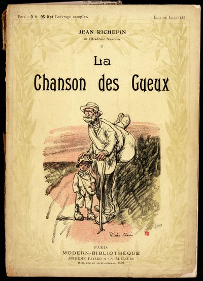 Gammel mand og lille dreng, iført rejseknuder og sko svøbt i klude, på en vej, illustration af Ricardo Flores (død 1918), til forsiden af samlingen af tekster og digter med titlen "La chanson des gueux"", af Jean Richepin (1849-1926), franskmændene af Ricardo Flores