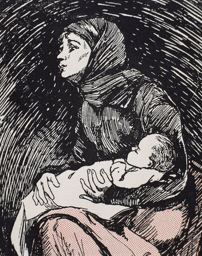 Juleaften. 1900. En mager kvinde med sit barn i armene (gravering) af Ricardo Maria Navarrete