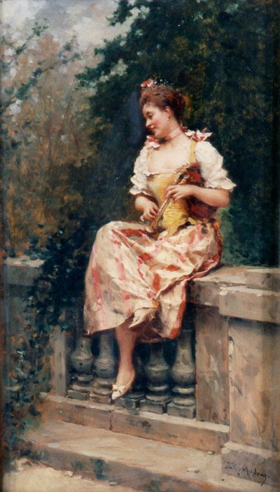 Pige med fløjte, ca. 1895 (olie på panel) af Ricardo de Madrazo y Garreta