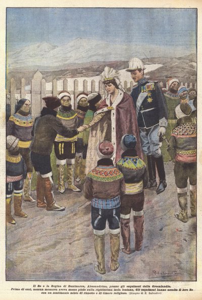 Kongen og Dronningen af Danmark, Alexandrine, til de grønlandske eskimoer (farve litho) af Riccardo Salvadori