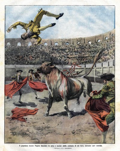 Torero JOSE CLARO PEPETEs død i Murcia den 7. september 1910. Illustration af Salvadori til Domenica del Corriere den 18. september. af Riccardo Salvadori