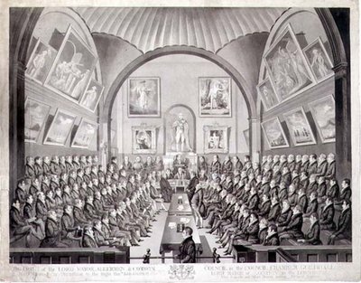 Overborgmesteren, rådmænd og byrådet i rådssalen Guildhall, London, graveret af Thomas Sutherland (f.o.1785), udgivet 1825 (litografi) af Richard (after) Dighton