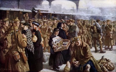 Victoria Station, WW1, afgang til Frankrig (farve litho) af Richard (after) Jack