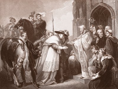 Kardinal Wolsey ved Leicester Abbey, graveret af R. Walther (litho) af Richard (after) Westall