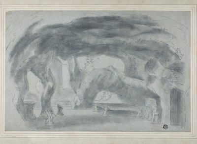 Interiør af en grotte (sort kridt med stumpning, forhøjet med strejf af hvidt kridt, på blåt lagt papir, lagt ned på kort) af Richard (attr.to) Wilson