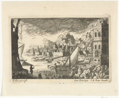 Bybillede med fiskerihavn og fortøjningsbåd Bylandskaber og havne (serietitel) af Richard Adam