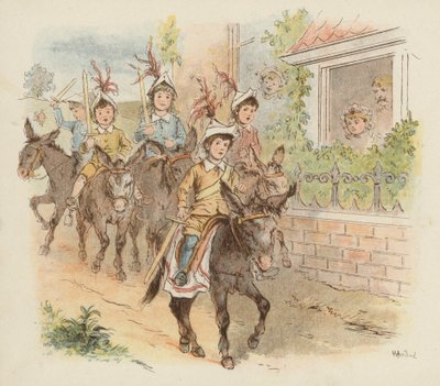 Børn på æsler afsted for at lege krig (farve litho) af Richard Andre