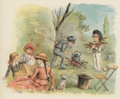 Børn forbereder sig til en picnic (farve litho) af Richard Andre
