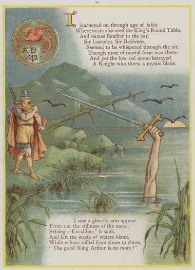 Side fra Upstream af Richard Andre, King Arthur og Excalibur (farve litho) af Richard Andre