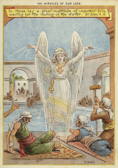Kristi mirakler: syge mennesker, der venter på vandets bevægelse af en engel (chromolitho) af Richard Andre