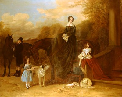 En familie med deres jægere og hunde uden for en herregård, 1841 af Richard Ansdell