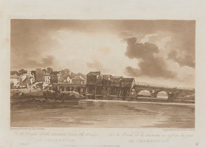 På bredden af Marne under broen ved Charenton 1803; Plade 19 fra Views in Paris, Emanuel Volume-sporingen af pladen B1981.25.2628 af Richard Banks Harraden