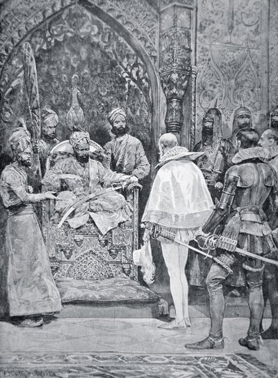 Akbar den Store modtager dronning Elizabeths ambassadør i 1599 (litografi) af Richard Caton (after) Woodville