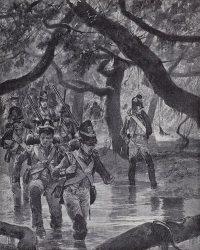 Britiske soldater krydser sumpene ved Essequibo-floden i Britisk Guyana af Richard Caton II (after) Woodville