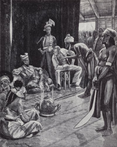 Sir James Brooke forhandler en traktat med sultanen af Brunei om etablering af en britisk koloni på Borneo af Richard Caton II (after) Woodville