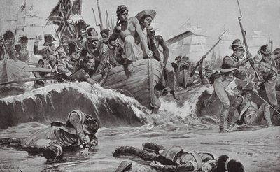 De britiske tropper gennemtvinger en landgang i Aboukir-bugten over for de franske batterier (litografi) af Richard Caton II (after) Woodville