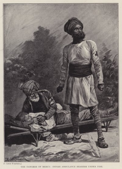 Farerne ved barmhjertighed, indiske ambulancebærere under beskydning (litho) af Richard Caton II (after) Woodville