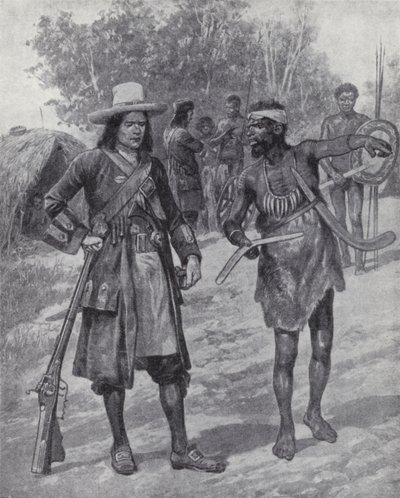 William Dampier med en indfødt mand under hans udforskning af Australien, slutningen af det 17. århundrede (litho) af Richard Caton II (after) Woodville