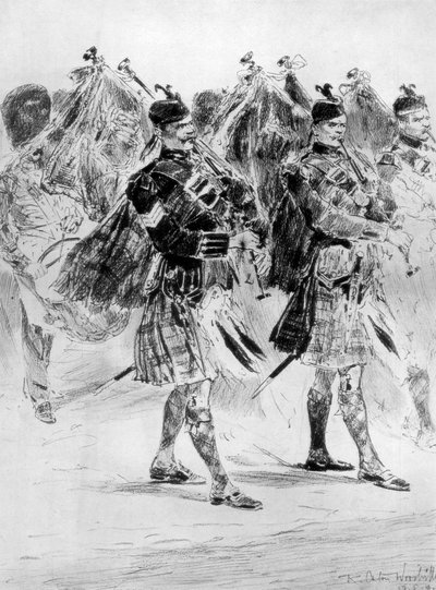 To the Wail of the Pipes, The Highland Soldiers Lament, 1910. af Richard Caton II Woodville