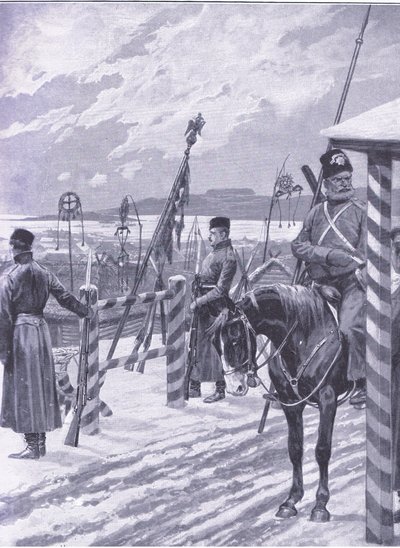 En kosakstation i Manchuriet med stammeskilte over herrehytterne, illustration fra Cassells History of the Russo-Japanese War Vol 1, ca. 1900 af Richard Caton Woodville
