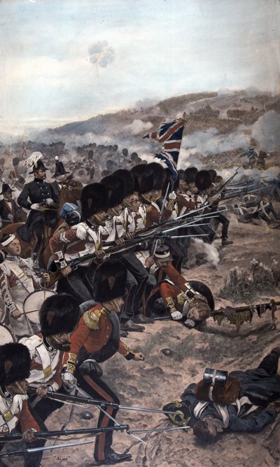 En række Coldstream-gardister med faste bajonetter, der rykker frem under beskydning mod fjenden, Slaget ved Alma, Krimkrigen (1854-56) 1896 (fotogravure i farve) af Richard Caton Woodville