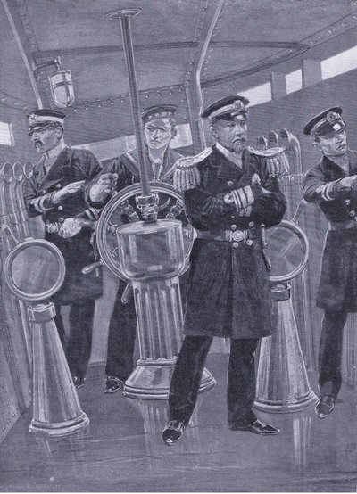 Admiral Togo i Conning Tower på sit flagskib, dirigerer en flådeaktion, illustration fra Cassells History of the Russo-Japanese War Vol 1, ca. 1900 af Richard Caton Woodville