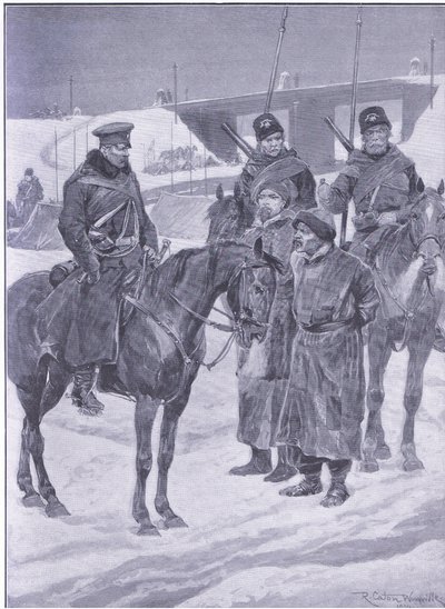 Anholdelse af japanske spioner opdaget som kulier, illustration fra Cassells History of the Russo-Japanese War Vol 1, ca. 1900 af Richard Caton Woodville