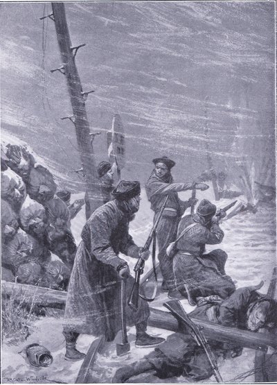 Chunchuses angreb på jernbanen, illustration fra Cassells History of the Russo-Japanese War Vol 1, ca. 1900 af Richard Caton Woodville