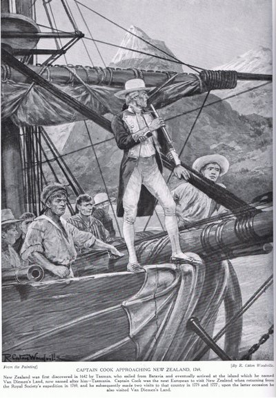 Kaptajn Cook nærmer sig New Zealand, illustration fra 