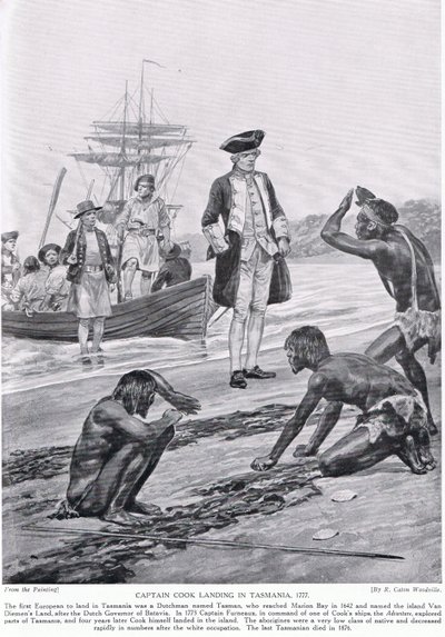 Kaptajn Cook lander i Tasmanien, 1777, illustration fra 