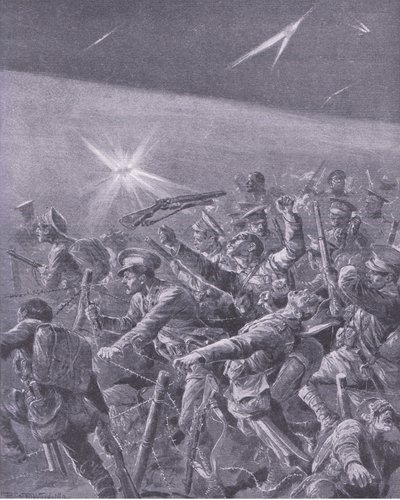 Fanget i pigtrådsforviklinger: Night attack by British infantry, fra History of the Great War Vol 3 udgivet af Waverley Book Co Limited, ca. 1920 af Richard Caton Woodville