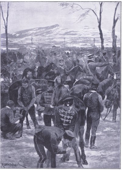 Japansk kavalerilejr i Seoul: Beslagsmeder på arbejde, illustration fra Cassells History of the Russo-Japanese War Vol 1, ca. 1900 af Richard Caton Woodville