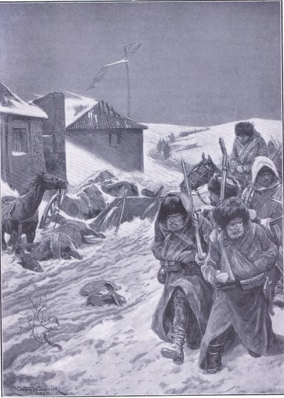Den uendelige march mod øst: Et velkendt syn på vej, illustration fra Cassells History of the Russo-Japanese War Vol 1, ca. 1900 af Richard Caton Woodville