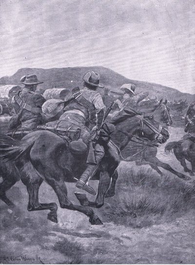 Yeomanry angriber De Wets bagtrop og transport, fra After Pretoria: The Guerilla War udgivet af Harmsworth Bros Limited, 1901 af Richard Caton Woodville