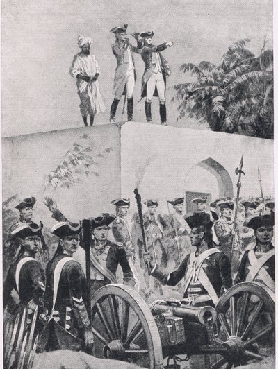 Slaget ved Plassey, 23. juni 1757: Clive på taget af Nawab Surat-ud-Daulah jagthytte, illustration fra British Battles on Land and Sea, 1915 af Richard Caton Woodville junior
