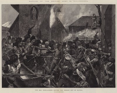 Slag i den britiske hær, Corunna, 42nd Highlanders, der driver franskmændene ud af Elvina af Richard Caton Woodville junior