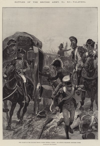 Slaget om den britiske hær, Talavera, de spanske troppers flugt under general Cuesta, Sir Arthur Wellesley genopretter orden af Richard Caton Woodville junior