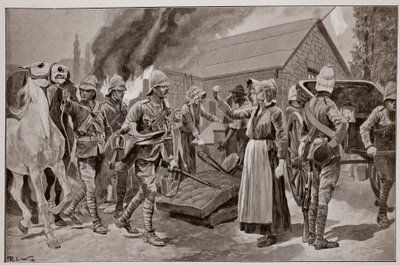 Afbrænding af en forræderisk borgers gård efter en skitse af Melton Prior (1845-1910) af Richard Caton Woodville junior