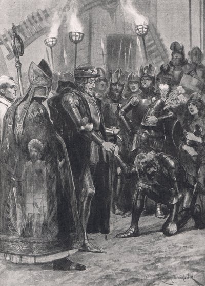Edward III hilser på prinsen af Wales efter slaget ved Crecy, illustration fra "British Battles on Land and Sea", udgivet af Cassell, London, ca.1910 af Richard Caton Woodville junior