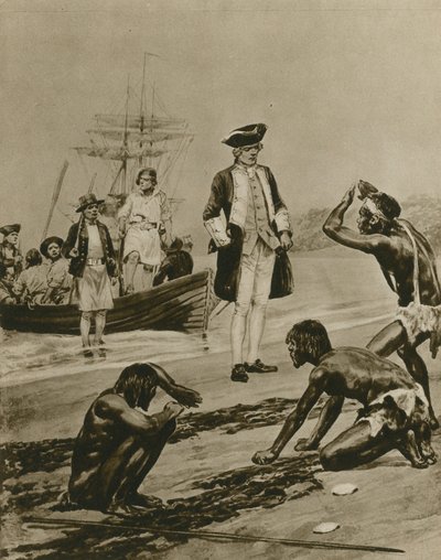 Hvordan Captain Cook blev budt velkommen i Tasmanien (dybtryk) af Richard Caton Woodville junior