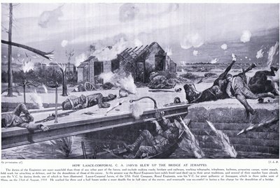 Hvordan underkorporal C A Jarvis sprængte en bro ved Jemappes nær Mons i luften og vandt VC, august 1914 af Richard Caton Woodville junior