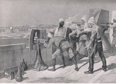 På vej op ad Nilen: Firing at the Dervishes, illustration fra British Battles on Land and Sea, 1915 af Richard Caton Woodville junior