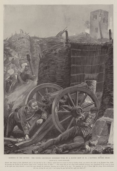 Roberts i mytteriet, den unge løjtnant væltet af et runde skud i batteri nr. 2, før Delhi af Richard Caton Woodville junior