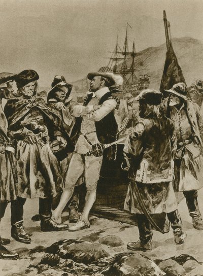 Sir Humphrey Gilbert gør krav på Newfoundland for England (dybtryk) af Richard Caton Woodville junior