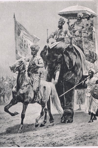 Suraj-ud-Daula ved Plessey, 23. juni 1757, illustration fra British Battles on Land and Sea , 1915 af Richard Caton Woodville junior