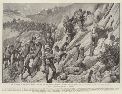 Rydningen af Saran Ridge, mændene fra Northamptonshire Regiment heliograferer for hjælp i deres nedstigning med de sårede af Richard Caton Woodville junior