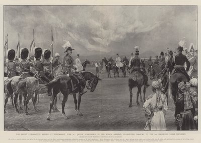 Den store kroningsrevision i Aldershot den 16. juni, hvor dronning Alexandra, i kongens fravær, overrakte faner til 2nd Highland Light Infantry af Richard Caton Woodville junior